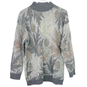 Vintage 90s Grannycore Pullover Sweater Mockneck Womens Size Medium Gray Leaf